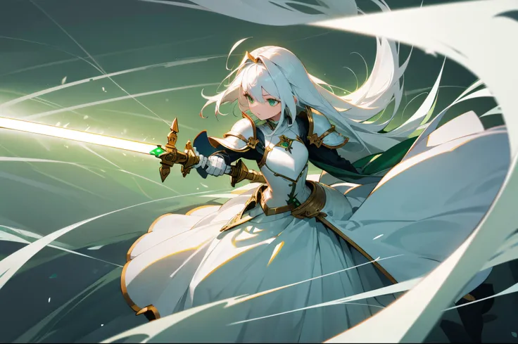 teens girl，white color hair，Green eyes，cavalier，Zodiac signs，long whitr hair，hair flowing，White armor，long  skirt，Armor has green stripes，incredulouuturistic，dingdall effect，crosses，giant sword