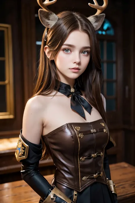 (1Girl 19yo, russian model face), (((Shoulder-Length Brown Hair))), (two cute little (short) deer horns in her head), Wearing black steampunk academy uniform,