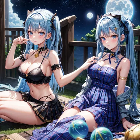 Blue hair、poneyTail、verd s eyes、one good looking girl、独奏、animesque、lightly dressed、Plaid miniskirt、a black T-shirt、fullmoon、Meteor swarm、large tree、Glittering starry sky、rainbow butterfly flying、Colorful marbles、sitting on、golden castle、thread、Skysky、insid...