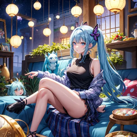 Blue hair、poneyTail、verd s eyes、one good looking girl、独奏、animesque、lightly dressed、Plaid miniskirt、a black T-shirt、fullmoon、Meteor swarm、large tree、Glittering starry sky、rainbow butterfly flying、Colorful marbles、sitting on、golden castle、thread、Skysky、insid...