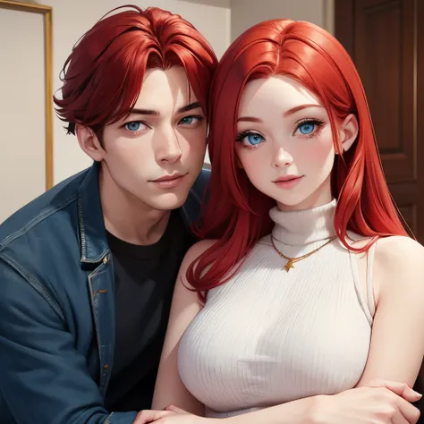 A red-haired, blue-eyed woman stands hugging a red-haired, blue-eyed man (High quality masterpiece, best quality 4k...: 1.2) Very detailed. (Realistic:1.37) Smiling, a masterpiece of art in the event, looking directly at the camera..