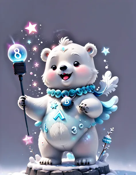 chalk gray style, ((1 glowing magical cute christmas polar bear))，((singing with a microphone)), ((syllable symbols floating in ...