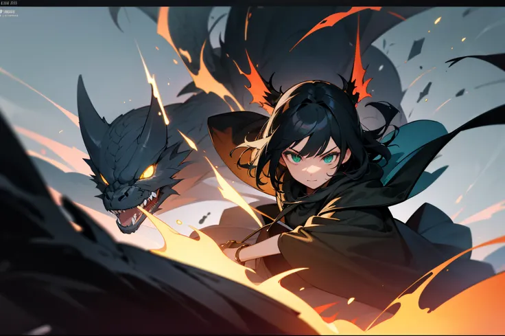 Teenage girl，black color hair，black color hair，cabelos preto e longos，green-eyed，glowing light eye sun，Black lining，Black cloak，Super ancient，starrysky，Black bow，Black Dragon Clarin Fire，Unyielding