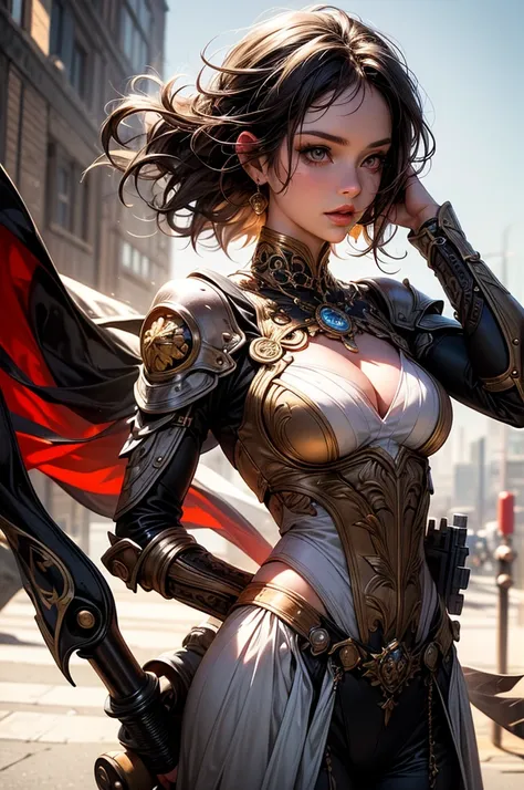 (masterpiece), (best quality), realistic, photorealism, photograph, 1girl, solo, steampunk girl with mechanical arm, messy hair, perfect face, perfect body, good anatomy, steampunk city background, day light, cinematic