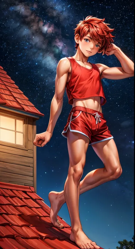 A boy 10–12 years old stands on the roof of a house and looks at the starry sky., he is wearing a red top and short shorts, he is barefoot, red short top, Short shorts, bare footed, bare feet, Red Top, crop-top, Short shorts