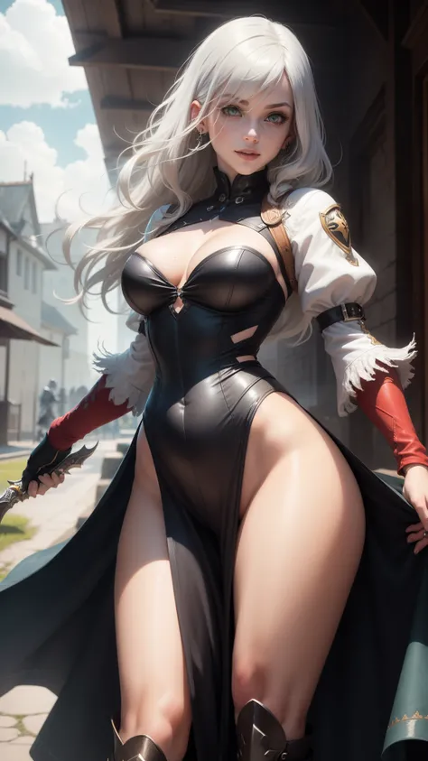 gwen tennyson,yorha 2b,tracer,yshtola rhul,solo girl,overwatch,atelier ryza,close up,valley view,tattoos,scarlet and white plugsuit,white short sleeve knight top,short sleeve full plate knight armor,long knight skirt,silver knight corset,long curly hair,pr...