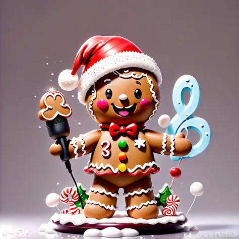 chalk gray style, ((1 glowing magical cute gingerbread man wearing a santa hat))，((singing with a microphone)), ((syllable symbo...