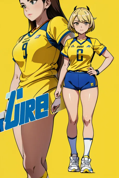 a close up of a woman in a yellow shirt posing for a picture, mika pikazo, dilraba dilmurat, pokimane, gongbi, cosplayer, wearing a volleyball jersey, yan gisuka, lalisa manobal, mai yoneyama, cindy avelino,full body, Short yellow hair