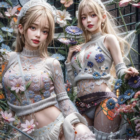 (White and vivid colors, Acutance, Exposed:1.2, nipple:-0.9), (9 sexy junior idols in group photograph), ((face variations, Hair variations)), { Navel | pretty Ass | (Delicate lace knitted wear) | Flowers | (Colorful Light shines from Dazzling and delicate...