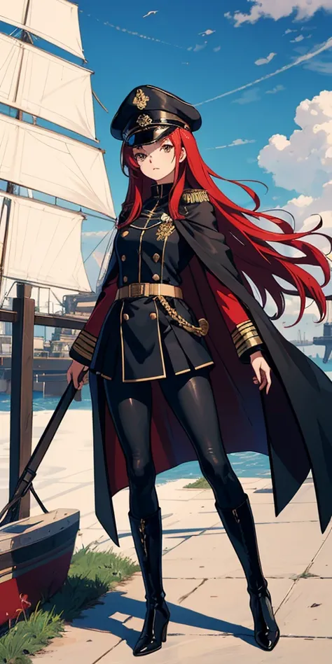 girl, long red hair, captain, black uniform, full body, black pants, gold rank insignia, long black boots, captains hat, on ship, long black cloak, skirt