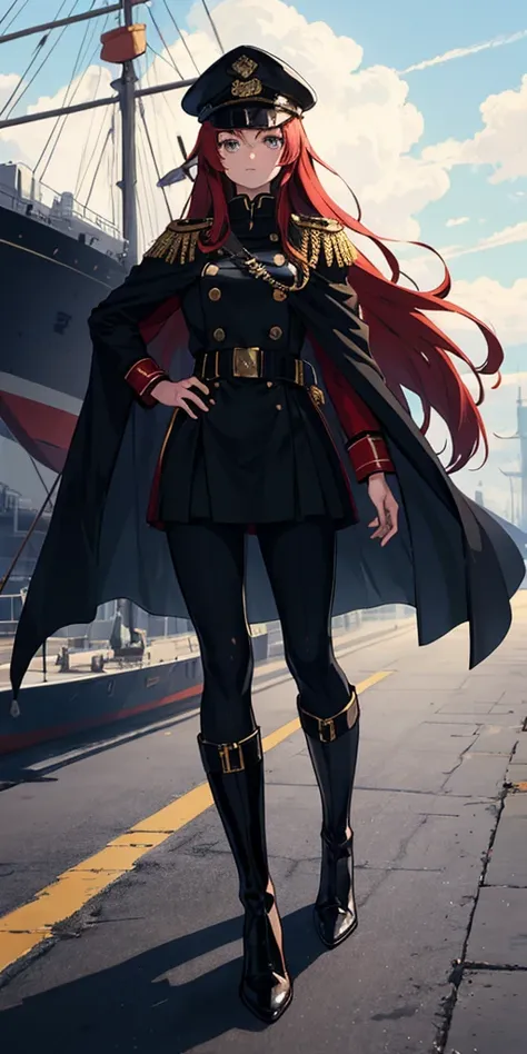 girl, long red hair, captain, black uniform, full body, black pants, gold rank insignia, long black boots, captains hat, on ship, long black cloak, skirt