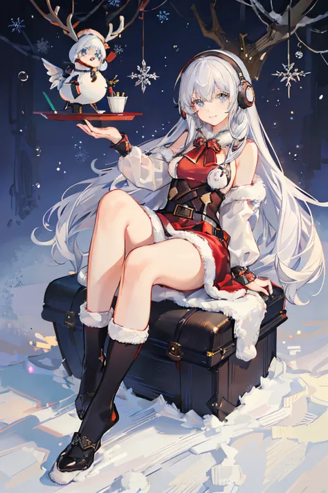 "anime girl, 1 person, silver white hair mixed with black, blue eyes, wearing headphones, Santa shirt, Santa outfit, Christmas outfit, winter outfit, red winter dress, big breasts,  long socks, standing cross-legged, smiling shyly, blushing, cold winter, s...