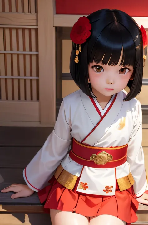 Beautiful illustration of a child wearing a shrine maiden costume、top-quality、超A high resolution、Professional、Cute little girl s、Cute Junior High School Student、 Black hair、bob cut with trimmed ends、shining face、 Small、lovely thighs、glowing thigh、glistning...