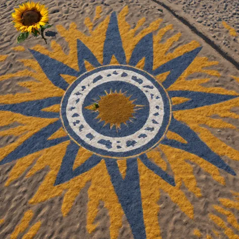 ((Nazca Lines)):Nazca Lines with sunflower motif,on a flat desert surface、A picture of a sunflower drawn with colored gravel,Sun flower、Sun flower、florals,Geoglyphs seen from the sky,Mystical,Beautiful fece,​masterpiece,a cool,sunflower drawn with lines