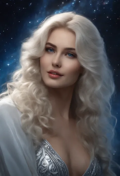 ((White wolf and girl)), (huge wolf), (huge white wolf guards a beautiful girl), movement, running, running along the milky way, blue eyes, White wolf fur glows with silver sparks, (Young girl, Very young), 16 years old, (NSFW), blue eyes, hourglass figure...