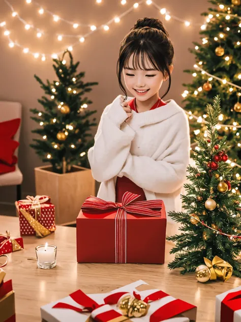 (best quality,4k,8k,highres,masterpiece:1.2),ultra-detailed,realistic,gifts,table,Christmas tree,decorations,wrapping ,bows,ribbon,presents,holiday spirit,vibrant colors,warm lighting,cozy atmosphere,toys,cards,candles,snowflakes,joyful,celebration,exquisi...