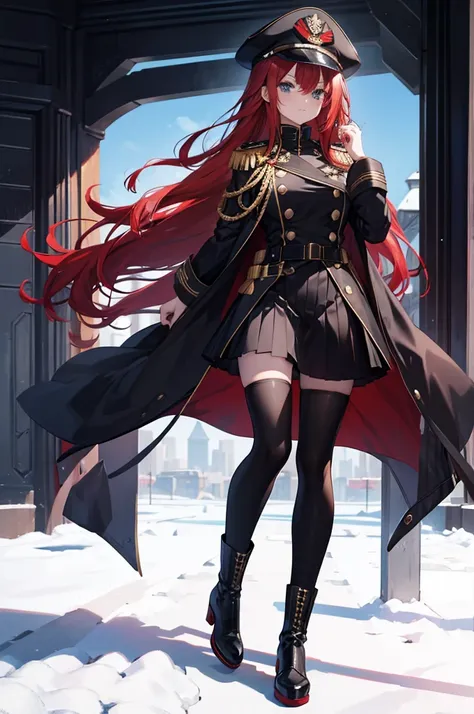 girl, long red hair, captain, black uniform, full body, black pants, gold rank insignia, long black boots, captain's hat, on shi...