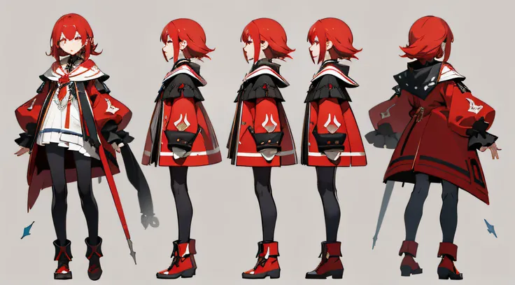 （tmasterpiece，Best quality at best）Multiple views of the same character wearing the same costume, triple landscape，Whole-body proportions，white backgrounid, Character concept，Girl with red hair，be full of details