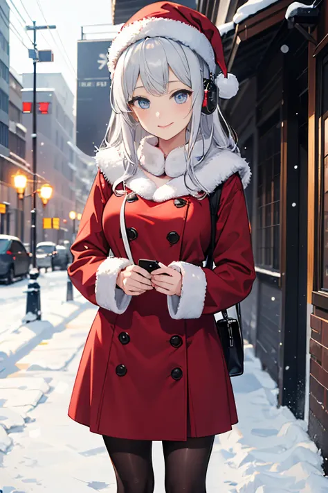 "anime girl, 1 person, silver white hair mixed with black, blue eyes, wearing headphones, Santa shirt, Santa outfit, Christmas outfit, winter outfit, red winter dress, big breasts,  long socks, standing cross-legged, smiling shyly, blushing, looking sidewa...