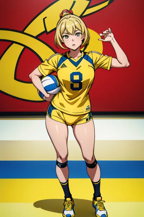 a close up of a woman in a yellow shirt posing for a picture, mika pikazo, dilraba dilmurat, pokimane, gongbi, cosplayer, wearing a volleyball jersey, yan gisuka, lalisa manobal, mai yoneyama, cindy avelino,full body, Short yellow hair