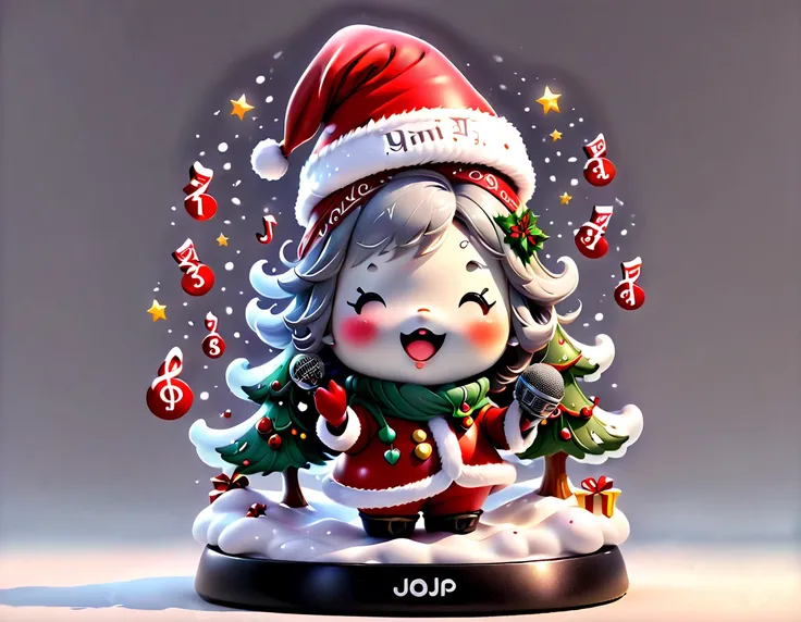 chalk gray style, ((1 glowing magical cute Christmas tree wearing a Santa hat and scarf))，((Singing with a microphone)), (((Many syllable symbols are floating in the air)))，Christmas elements，Snowy days，8K,Irridescent color, kawaii, cute big breasts, numbe...