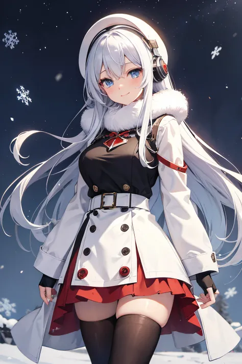 "anime girl, 1 person, silver white hair mixed with black, blue eyes, wearing headphones, Santa shirt, Santa outfit, Christmas outfit, winter outfit, red winter dress, big breasts,  long socks, standing cross-legged, smiling shyly, blushing, looking sidewa...