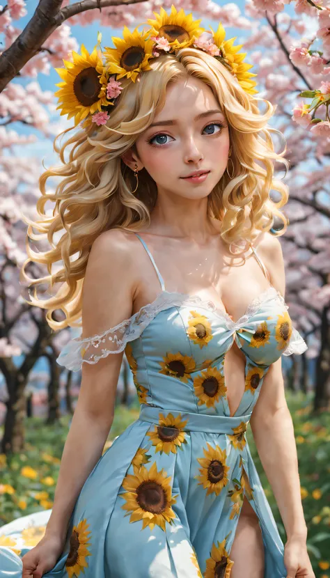 (golden sunflower art), like a dream, cherrie_blooming flower, fall_petals, petals, Branch, Pink_Flowers, 1 busty girl,20yr old, blue_sky sky, springtime_(seasons), petals_show on_liquids, Flowers, hanami, a skirt, (Long curly blonde hair：1.5),Wearing a ga...