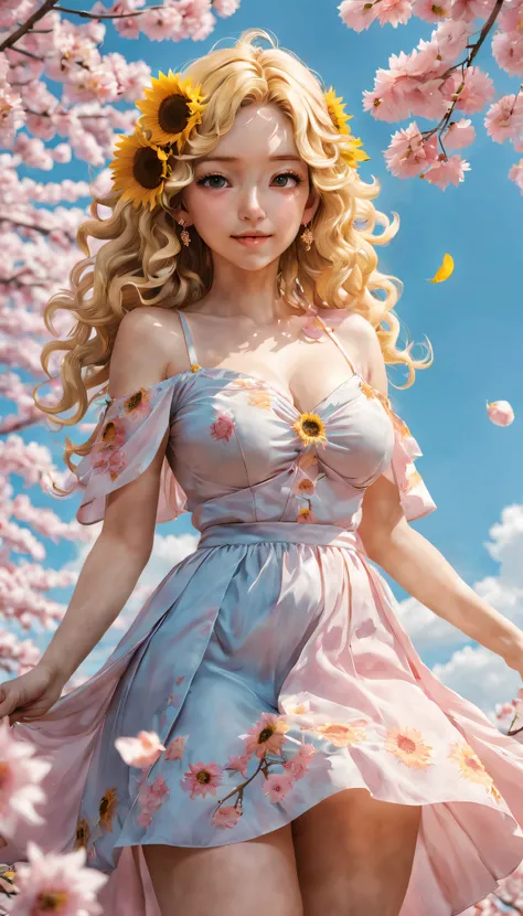 (golden sunflower art), like a dream, cherrie_blooming flower, fall_petals, petals, Branch, Pink_Flowers, 1 busty girl,20yr old, blue_sky sky, springtime_(seasons), petals_show on_liquids, Flowers, hanami, a skirt, (Long curly blonde hair：1.5),Wearing a ga...