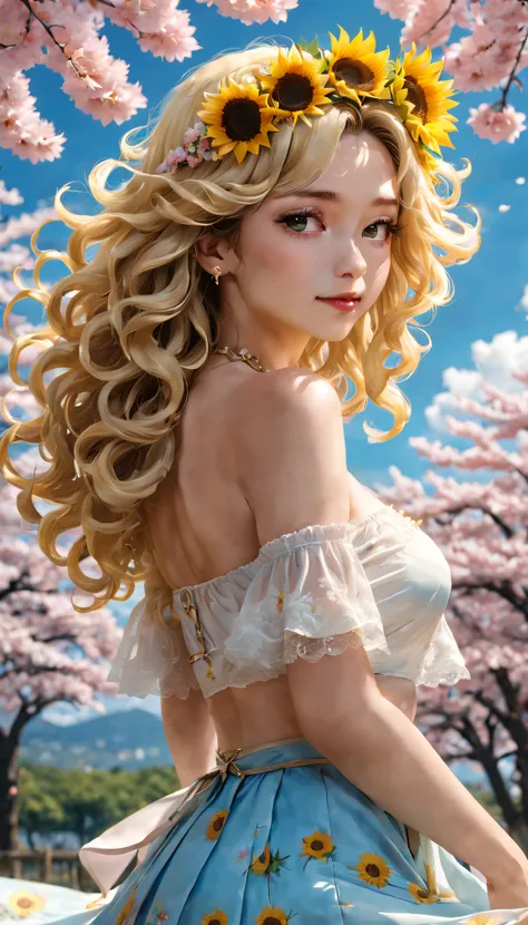 (golden sunflower art), like a dream, cherrie_blooming flower, fall_petals, petals, Branch, Pink_Flowers, 1 busty girl,20yr old, blue_sky sky, springtime_(seasons), petals_show on_liquids, Flowers, hanami, a skirt, (Long curly blonde hair：1.5),Wearing a ga...