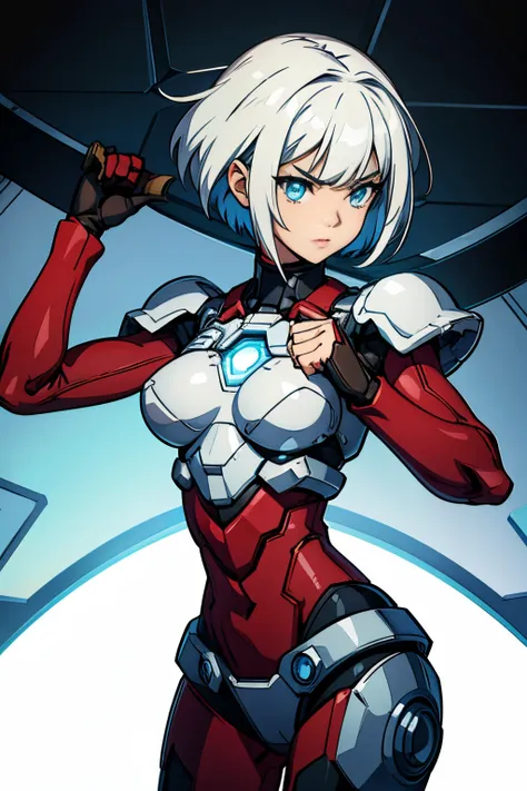 cute girl, her eyes are white, her hair is short black, she has iron hands, and she has an iron rectangle in her chest.