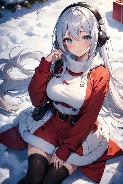 "anime girl, 1 person, silver white hair mixed with black, blue eyes, wearing headphones, Santa shirt, Santa outfit, Christmas outfit, winter outfit, red winter dress, big breasts,  long socks, standing cross-legged, smiling shyly, blushing, looking sidewa...