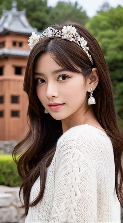 This image features Rin, a stunningly beautiful Asian woman, in a hyper-realistic and ultra-detailed style. She is strolling around the Fukuoka Castle ruins in Fukuoka City, radiating queenly elegance. Rins long, silky, brown hair flows gently as she moves...