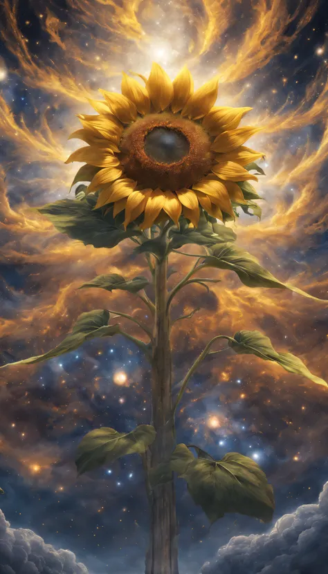 sunflower god, the almighty creator of the entire universe, Larger than all galaxies, Ultra-detailed graphic representation of giant energy clouds in the middle of the universe, Super sharp, hyper realisitc, iintricate, 32K, Realisticstyle