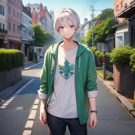 1 boy, white hair, blue eyes, fully body photo, standing at front, casual dress looking straight ahead, green background, high d...