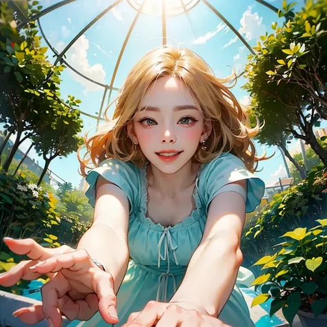 ( Masterpiece, best quality , shot from below , 75mm lens, fisheye:1.2 ), ((pov from below:1.4)), (( beautiful, luxurious, greenhouse dome:1.5, glass panels, plants of colours, vibrant , extreme high detailed, intricate details )). ( 1woman_/(kimtaeyeon/),...