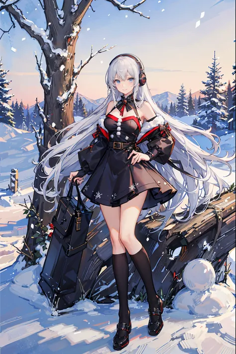 "anime girl, 1 person, silver white hair mixed with black, blue eyes, wearing headphones, Santa shirt, Santa outfit, Christmas outfit, winter outfit, red winter dress, big breasts,  long socks, standing cross-legged, smiling shyly, blushing, cold winter, s...