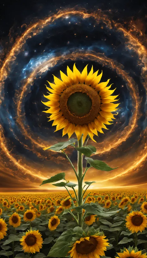 sunflower god, the almighty creator of the entire universe, Larger than all galaxies, Ultra-detailed graphic representation of giant energy clouds in the middle of the universe, Super sharp, hyper realisitc, iintricate, 32K, Realisticstyle