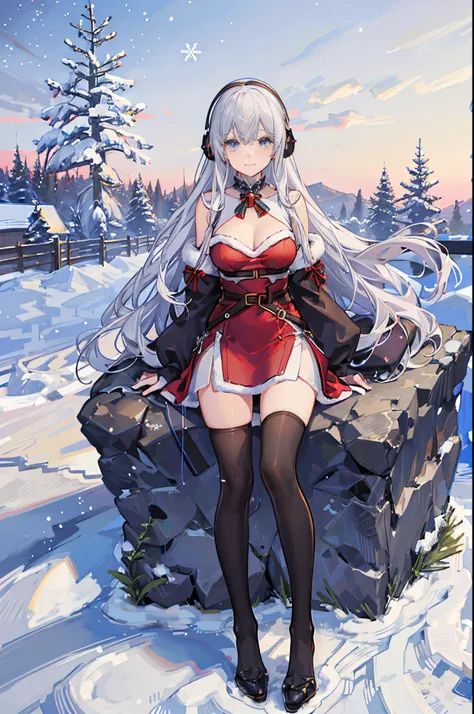 "anime girl, 1 person, silver white hair mixed with black, blue eyes, wearing headphones, Santa shirt, Santa outfit, Christmas outfit,red winter outfit, red winter dress, big breasts,  long socks, standing cross-legged, smiling shyly, blushing, cold winter...