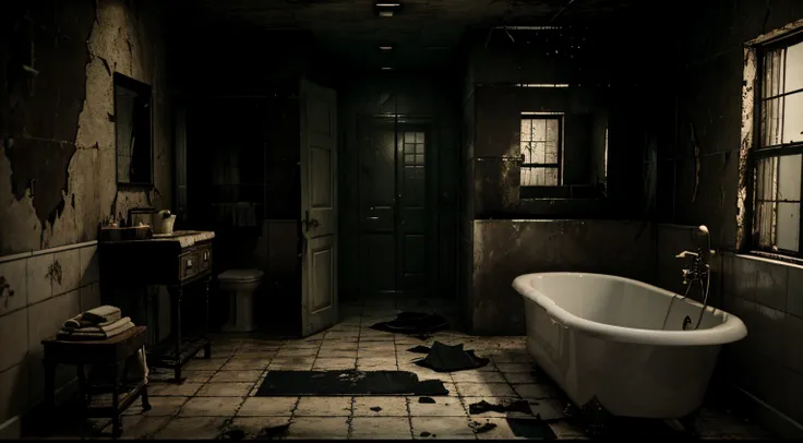 old resident evil style bathroom and alone in the dark, with shower, upper camera framing the diagonal, atmosphere of terror and suspense, post-apocalyptic scenario, realistic, highly detailed. destroyed scenery. Dark and gloomy weather. Pre-rendered game ...