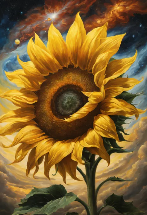 oil painted，sunflower god, the almighty creator of the entire universe, Larger than all galaxies, Ultra-detailed graphic representation of giant energy clouds in the middle of the universe，ultrarealistic oil painting. a masterpiece of art.