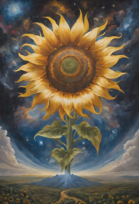 oil painted，sunflower god, the almighty creator of the entire universe, Larger than all galaxies, Ultra-detailed graphic representation of giant energy clouds in the middle of the universe，ultrarealistic oil painting. a masterpiece of art.