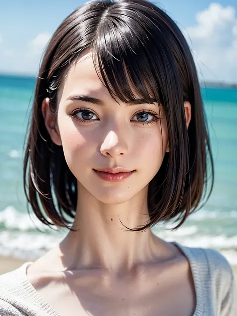 女の子1人、top-quality、realisitic、report、depth of fields、natural soft light、during daytime、魅惑的、beauitful face、Cleanliness、Pure face、de pele branca、cute hawk hair、bangss、the beach、rays of sunshine、Nedium Breast Body Esbian、((Beautiful face with sweater golden ra...