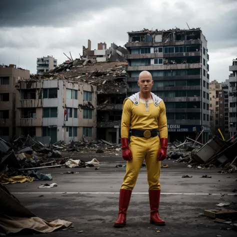 masterpiece, best quality, 1boy, (saitama), bald head, black eyes, red gloves and red boots, yellow clothes and white cape, stan...