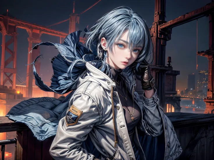 Cinematic lighting、16k picture quality、highlydetailed skin,(1girl in, Solo:1.2)、Best Quality,cyberpunked,(1beautiful woman、Detailed beautiful facial features hair、Blue hair、Medium Hair、short-hair、blue eyess:1.3)Rosary Necklace、BREAK、white down jacket with ...