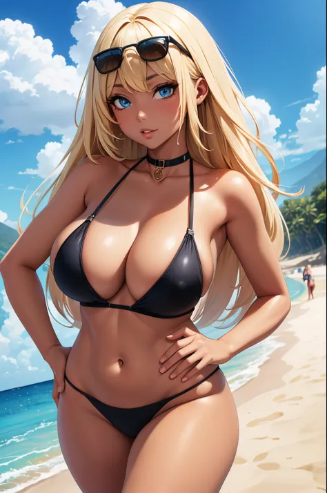 (Masterpiece, Best quality, ultra high resolution),1girl, gyaru, dark brown skinned, blue eyes, blonde hair, large breasts, thick thighs, himecut, black bikini, beautiful and detailed face, detailed eyes, detailed nose, beachfront, wearing sunglasses. She ...