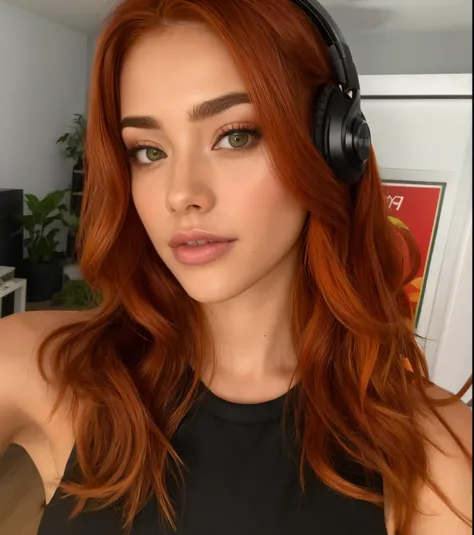 there is a red-haired woman wearing headphones and a black blouse, cabelo laranja brilhante, Madison Beer como Leeloo, orange hair, longos cabelos ondulados laranja, cabelo laranja brilhante, pele laranja e cabelo ardente longo, Justina Blakeney, Ela tem l...