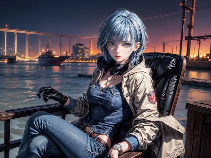 Cinematic lighting、16k picture quality、highlydetailed skin,(1girl in, Solo:1.2)、（Perfect Anatomy:1.4）Best Quality,cyberpunked,(1beautiful woman、Detailed beautiful facial features hair、Blue hair、Medium Hair、short-hair、blue eyess:1.3)Rosary Necklace、BREAK、wh...