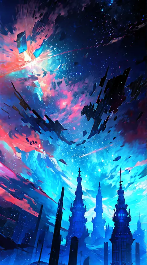 towers of god, blue towers, violet, blue, red, god, red sky, violet sky, starry sky, stars, starry towers, starry god, light blue, civilization, order