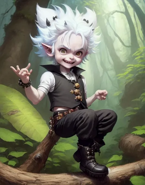 a small male imp with white hair, insect antennae, monkey tail, black vest with bells, cheeky expression, crazy hair, childlike, black pants and boots, fantasy forest in background, big eyes, sunny day, laughing, gleeful, by justin gerard