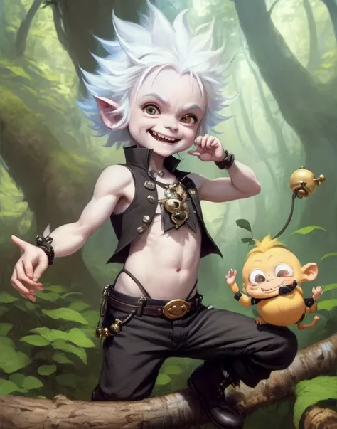 a small male imp with white hair, insect antennae, monkey tail, black vest with bells, cheeky expression, crazy hair, childlike, black pants and boots, fantasy forest in background, big eyes, sunny day, laughing, gleeful, by justin gerard